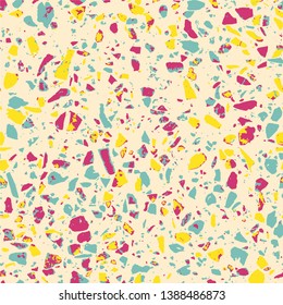 Terrazzo abstract seamless pattern. Flooring yellow background. Texture of colorful natural stone, granite, quartz, marble, glass. Vintage tiles illustration. Modern surface - Vector