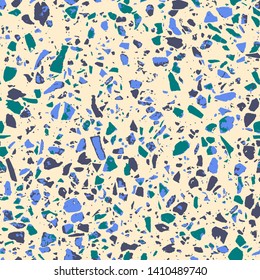 Terrazzo abstract seamless pattern. Flooring blue background. Pastel texture of colorful natural stone, granite, quartz, marble, glass. Colored tiles illustration. Modern surface - Vector