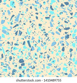 Terrazzo abstract seamless pattern. Flooring cyan background. Colorful texture of natural stone, granite, quartz, marble, glass. Colored tiles illustration. Modern surface - Vector