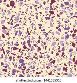 Terrazzo abstract seamless pattern. Flooring purple background. Bright texture of colorful natural stone, granite, quartz, marble, glass. Vintage tiles illustration. Modern surface - Vector