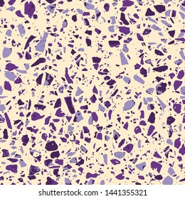 Terrazzo abstract seamless pattern. Flooring purple background. Bright texture of colorful natural stone, granite, quartz, marble, glass. Vintage tiles illustration. Modern surface - Vector