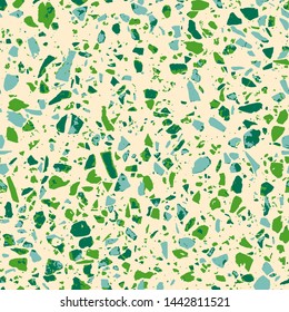 Terrazzo abstract seamless pattern. Flooring green background. Colorful texture of natural stone, granite, quartz, marble, glass. Colored tiles illustration. Modern surface - Vector