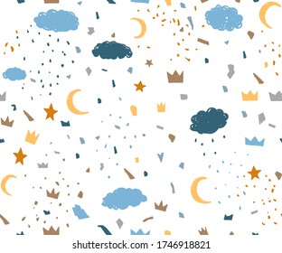 Terrazzo baby boy cloud sky blue pattern. Abstract vector seamless background with small stone texture star crown elements. Marble stone texture children kids room tile design. Venetian scandinavian