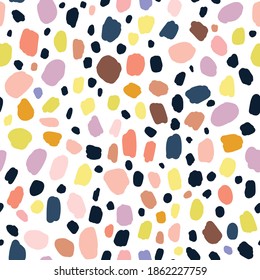 Terrazzo background design. Vector cheerful print. Yellow and pink colors abstract brushstroke drawing. Printing on fabric, children's clothing, overalls, wrapping paper, wallpaper, notebooks, mugs.