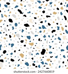 Terrazzo black, blue and golden marble stone floor vector texture or terazzo ceramic tile pattern. Terrazo mosaic pattern background of color ceramic pieces or marble broken stones for floor interior