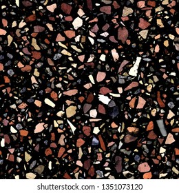 Terrazzo black texture seamless pattern. Natural stone, granite, quartz, marble, glass and concrete. Abstract background. Colored dark flooring. Tiles illustration. Modern surface - Vector.