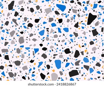 Terrazzo blue, yellow, gray and black ceramic tile pattern, terazo or terazzo mosaic, vector background. Terrazo marble stone floor texture of color ceramic pieces or broken marble stones for interior