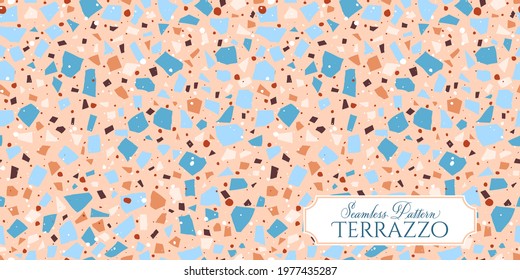 Terrazzo broken tile floor texture seamless pattern, vector abstract background with chaotic mosaic pieces, composed of natural stone, marble, glass and concrete imitations.