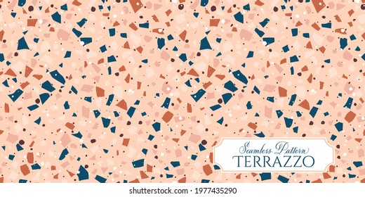 Terrazzo broken tile floor texture seamless pattern, vector abstract background with chaotic mosaic pieces, composed of natural stone, marble, glass and concrete imitations.