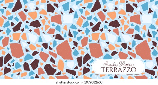 Terrazzo broken tile floor texture seamless pattern, vector abstract background with chaotic mosaic pieces, composed of natural stone, marble, glass and concrete imitations.