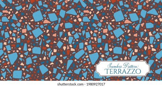 Terrazzo broken tile floor texture seamless pattern, vector abstract background with chaotic mosaic pieces, composed of natural stone, marble, glass and concrete imitations.