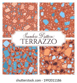 Terrazzo gebrochene Fliesenboden Textur nahtlose Muster, Vektorabstrakter Hintergrund mit chaotischen Mosaikstücken, bestehend aus Naturstein, Marmor, Glas und Beton-Imitationen.