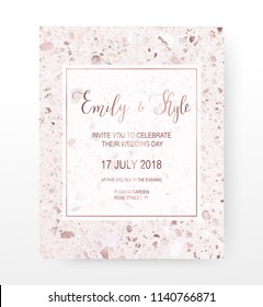 Terrazzo celebration invitation card with rose gold texture.