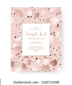 Terrazzo celebration invitation card with rose gold foil shapes.