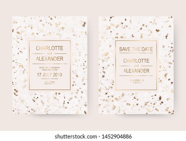 Terrazzo celebration invitation design cards with gold foil texture.