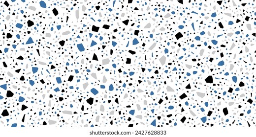 Terrazzo ceramic tile pattern of black, blue and grey marble stone mosaic, vector background. Terazzo or terrazo floor texture with broken marble stones and ceramic pieces in abstract geometric shapes