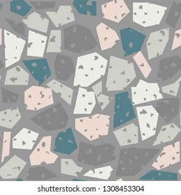 Terrazzo colorful seamless pattern Abstract repeat background Art design for textile print, tile, wallpaper, ceramic, branding conept, home decor Grey, black marble texture Vector vintage illustration