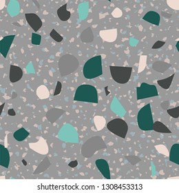 Terrazzo colorful seamless pattern Abstract repeat background Art design for textile print, tile, wallpaper, ceramic, branding conept, home decor Grey, black marble texture Vector vintage illustration