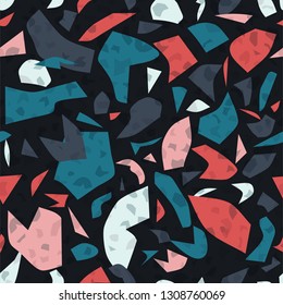 Terrazzo colorful seamless pattern Abstract repeat background Art design for textile print, tile, wallpaper, ceramic, branding conept, home decor Grey, black marble texture Vector vintage illustration