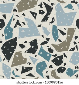Terrazzo colorful seamless pattern Abstract repeat background Art design for textile print, tile, wallpaper, ceramic, branding conept, home decor Grey, black marble texture Vector vintage illustration