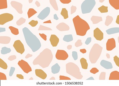 Terrazzo creative vector seamless pattern. Granite fragments abstract backdrop. Chaotic mosaic blue and pink pieces on white background. Stones and rocks color texture. Marble textile, tile design.