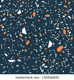 Terrazzo dark blue background pattern design with orange and white fragments/abstract geometrical seamless pattern vector illustration