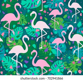 Terrazzo Flamingo Pattern. Endless Tropical Background.