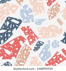 Terrazzo floor abstract texture or marble surface seamless pattern, vector illustration background. Trendy terrazzo stone print design in blue and red colors.