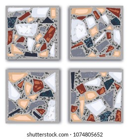 Terrazzo floor marble hand crafted tile. Traditional venetian material.Granite and quartz rocks and sprinkles mixed on polished surface. Vector element for architecture designs