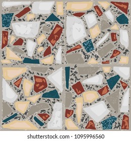 Terrazzo floor marble hand crafted tile. Traditional venetian material.Granite and quartz rocks and sprinkles mixed on polished surface. Vector element for architecture designs