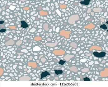 Terrazzo floor marble seamless hand crafted pattern. Traditional venetian material.Granite and quartz rocks and sprinkles mixed on polished surface.Abstract vector background for architecture designs