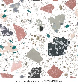 Terrazzo floor marble seamless hand crafted pattern. Traditional venetian material.Granite and quartz rocks and sprinkles mixed on polished surface.Abstract vector background for architecture designs