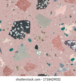 Terrazzo floor marble seamless hand crafted pattern. Traditional venetian material.Granite and quartz rocks and sprinkles mixed on polished surface.Abstract vector background for architecture designs