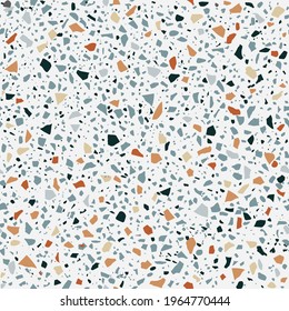 Terrazzo floor marble seamless hand crafted pattern. Realistic vector texture of mosaic floor with natural stones, granite, marble, colorful glass, concrete. Granite and quartz rocks and sprinkles mix