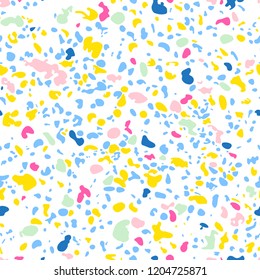 Terrazzo floor marble seamless pattern, blue, pink, green, yellow and white.Traditional venetian material.Granite and quartz rocks mixed on polished surface.Vector background for architecture designs