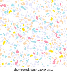 Terrazzo floor marble seamless pattern, pink, blue, yellow and white palette.Traditional venetian material.Granite and quartz rocks mixed on polished surface.Vector background for architecture designs
