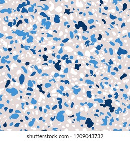Terrazzo floor marble seamless pattern, blue, pink and white palette.Traditional venetian material.Granite and quartz rocks mixed on polished surface.Vector background for architecture designs