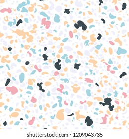 Terrazzo floor marble seamless pattern, pink, yellow, blue and white palette.Traditional venetian material.Granite and quartz rocks mixed on polished surface.Vector background for architecture designs