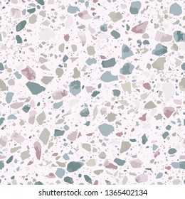 Terrazzo floor texture. Vector seamless pattern of mosaic flooring surface with natural stones, granite, marble, quartz. Classic Venetian floor background. Pink, green and white terazzo. Repeat design