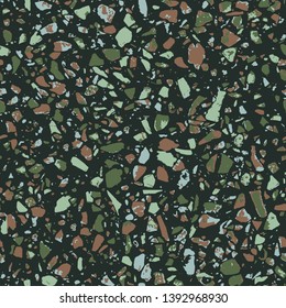 Terrazzo flooring dark seamless pattern. Abstract background. Marble texture. Tiles illustration. Colored modern surface. Natural stone - Vector