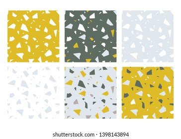 Terrazzo flooring effect, set of abstract seamless patterns. Vector paper cut handcrafted colorful textures. Modern trend illustration.