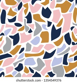 Terrazzo flooring imitation seamless pattern. Abstract geometric shapes background. Creative italian style for classic surface design. Vector art illustration in scandinavian color scheme