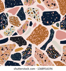 Terrazzo flooring imitation seamless pattern. Abstract geometric shapes background. Creative collage for modern surface design. Vector art illustration in natural marble color scheme