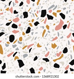 Terrazzo flooring imitation seamless pattern. Abstract geometric shapes background. Creative italian style for classic surface design. Vector art illustration in scandinavian color scheme