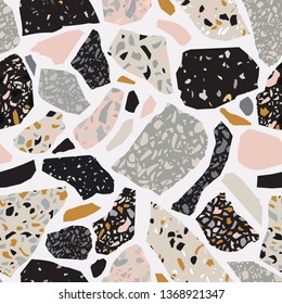 Terrazzo flooring imitation seamless pattern. Abstract geometric shapes background. Creative collage for modern surface design. Vector art illustration in natural marble color scheme