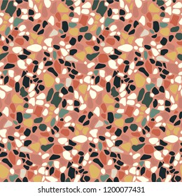 Terrazzo flooring mosaic seamless pattern. Abstract geometric background. Natural pebble, stone, glass, granite, collage. Cute vector texture in italian style for textile print, wallpaper, gift wrap.