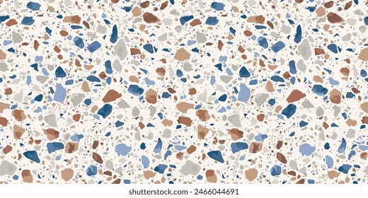 Terrazzo flooring realistic seamless pattern. Vector texture of natural mosaic floor with stones, granite, marble, colorful glass particles, concrete. Trendy geo design. Brown, blue, white, gray color