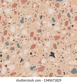 Terrazzo flooring seamless beige pattern. Vector stone, marble texture, modern surface. Abstract brown background
