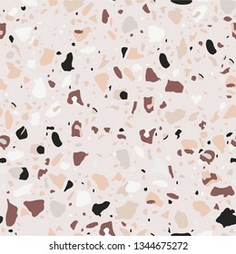Terrazzo flooring seamless beige pattern. Vector stone, marble texture, modern surface. Abstract brown background