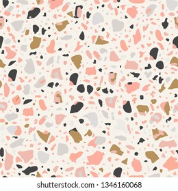 Terrazzo flooring seamless beige pattern. Vector stone, marble texture, modern surface. Abstract brown background